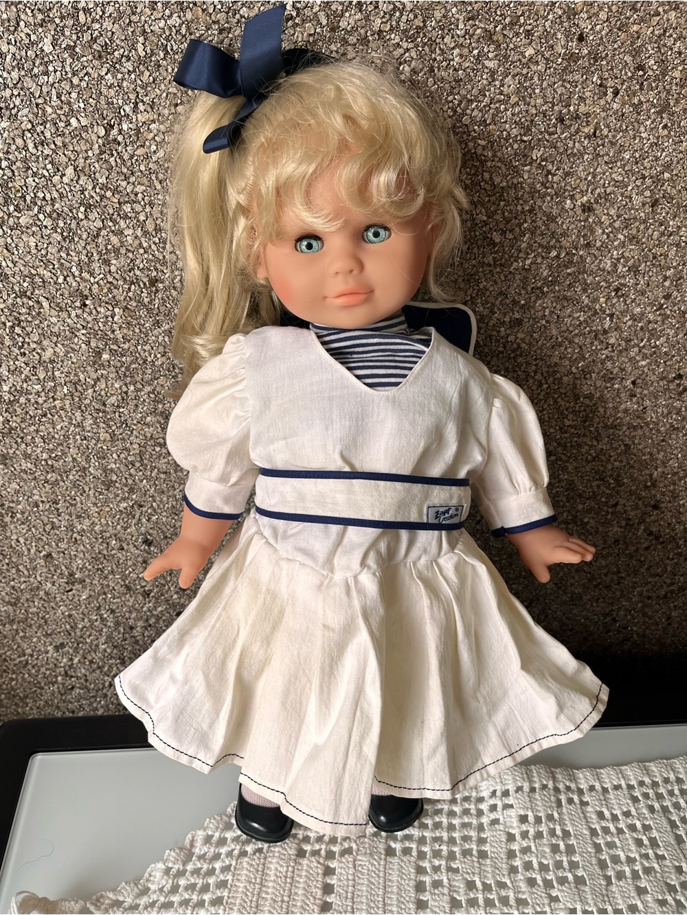 Vintage Zapf doll White and Navy Sailor-Style Doll Dress with Bow